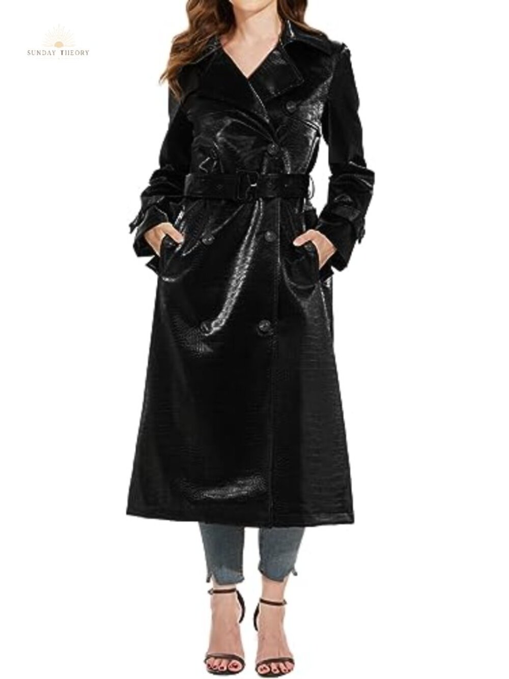 Faux Leather Trench Coat Long Belted Double Breasted Slim Fit